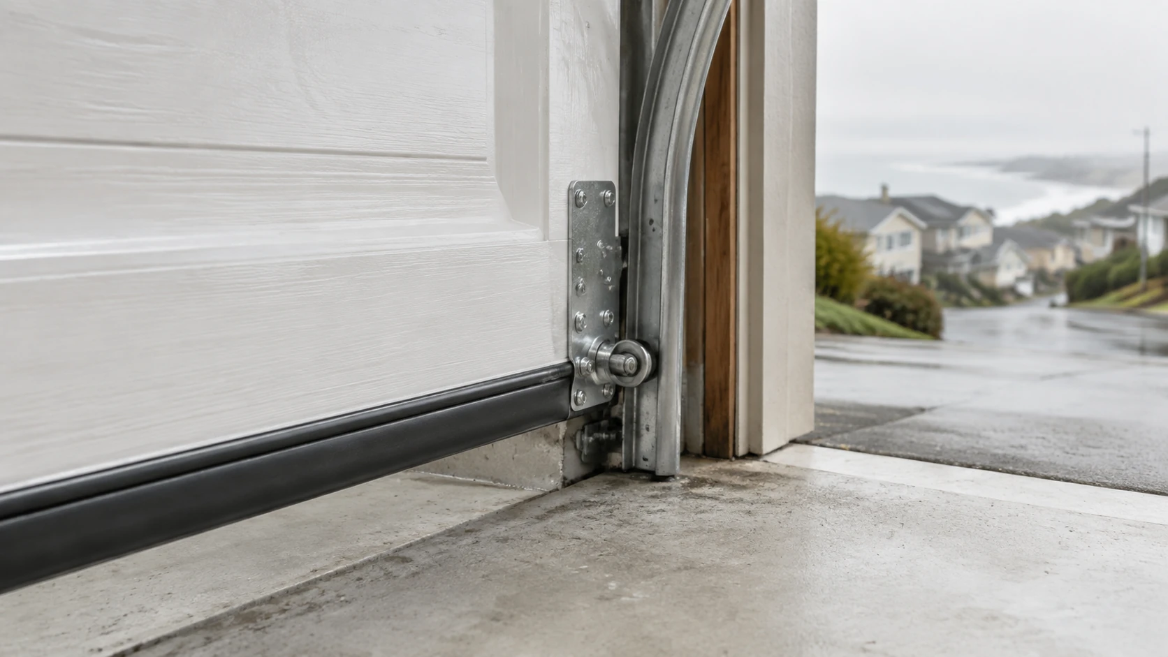 Daly City garage door repair hardware showing tracks, rollers, hinges, and sectional door parts